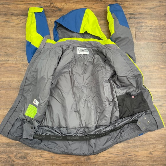 Spyder Leader Kids Ski Puffer Jacket - Gray, Blue, and Neon Yellow size 20 - Picture 3 of 14